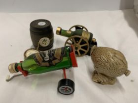 A MIXED LOT OF MINIATURES - COURVOISIER CANNON, GLENFIDDICH ON GOLF TROLLEY, BARREL AND BIRD