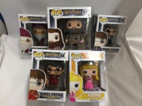 A COLLECTION OF FIVE 'POP' FIGURES TO INCLUDE FOUR HARRY POTTER AND ONE DISNEY - ALL AS NEW IN BOXES