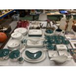 A LARGE FIFTY PIECE BOURNE DENBY STONEWARE DINNER SERVICE COMPRISING LIDDED OVEN DISH, SAUCE POTS,