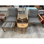 A PAIR OF BAMBOO AND WICKER CONSERVATORY CHAIRS, STOOL, HEXAGONAL TABLE AND SIMILAR SMALL TABLE