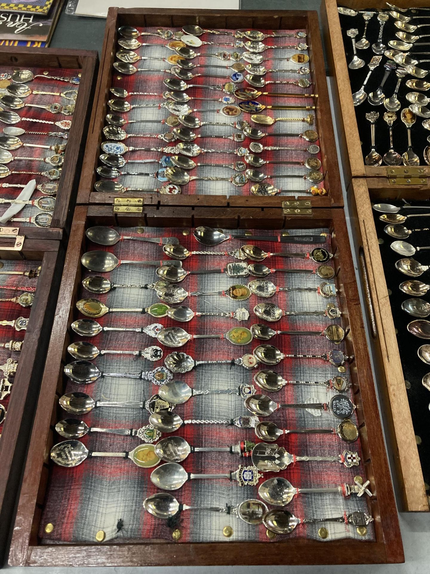 A WOODEN DISPLAY BOX CONTAINING ASSORTED COLLECTABLE SILVER PLATED TEASPOONS