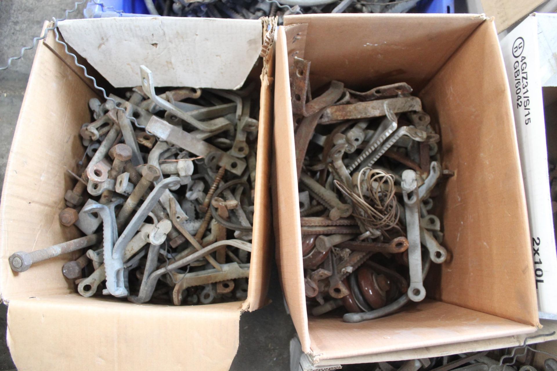 SIX BOXES OF ASSORTED METAL BRACKETS, HINGES AND BOLTS ETC - Image 3 of 6