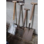 THREE SHOVELS, A POTATO FORK AND A BOX OF CANDLES (FORK HANDLES NOT 4 CANDLES)