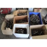 SIX BOXES OF ASSORTED METAL BRACKETS, HINGES AND BOLTS ETC