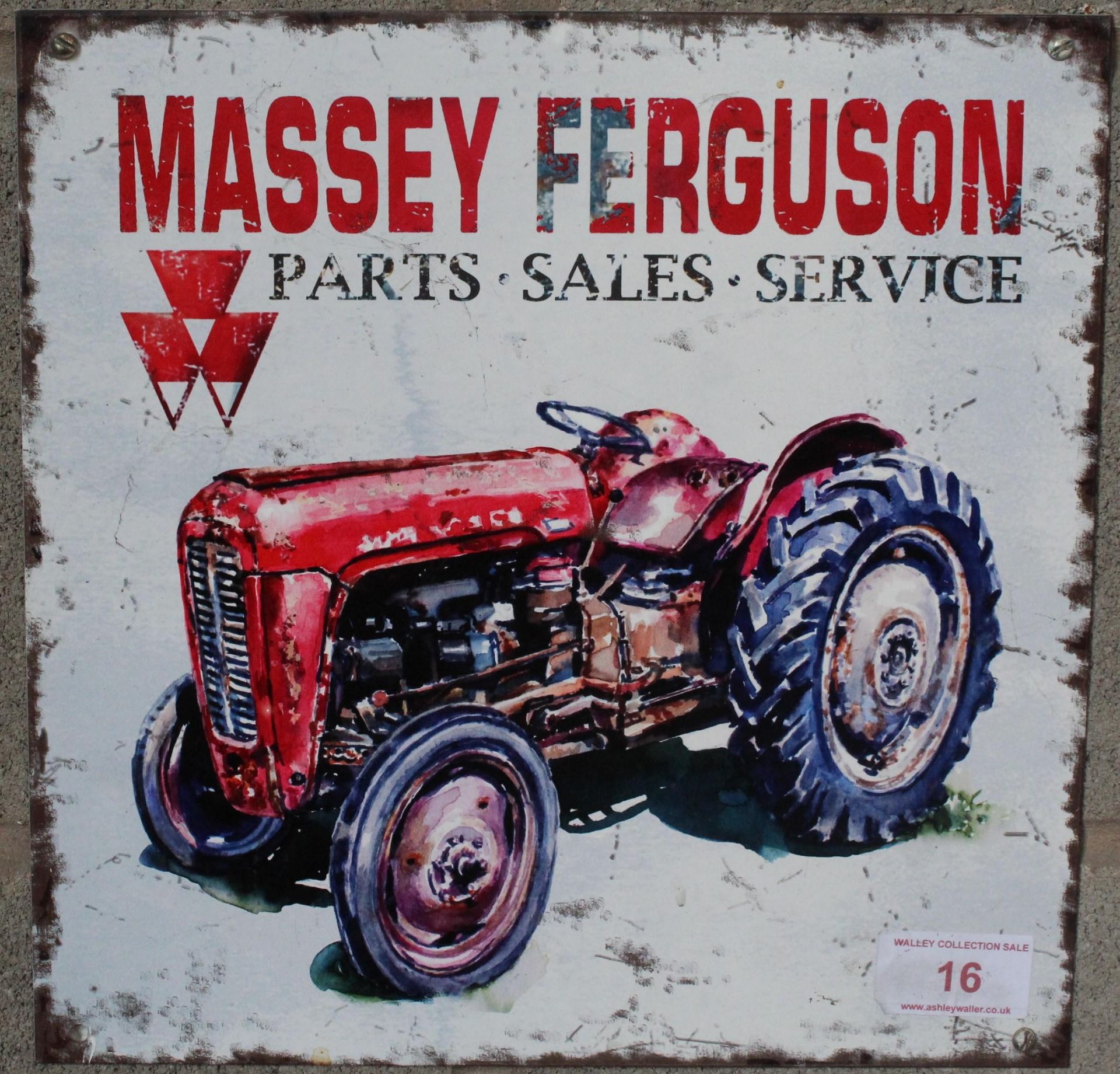 A MASSEY FERGUSON 'PARTS, SALES AND SERVICES' TIN SIGN (30CM x 30CM)