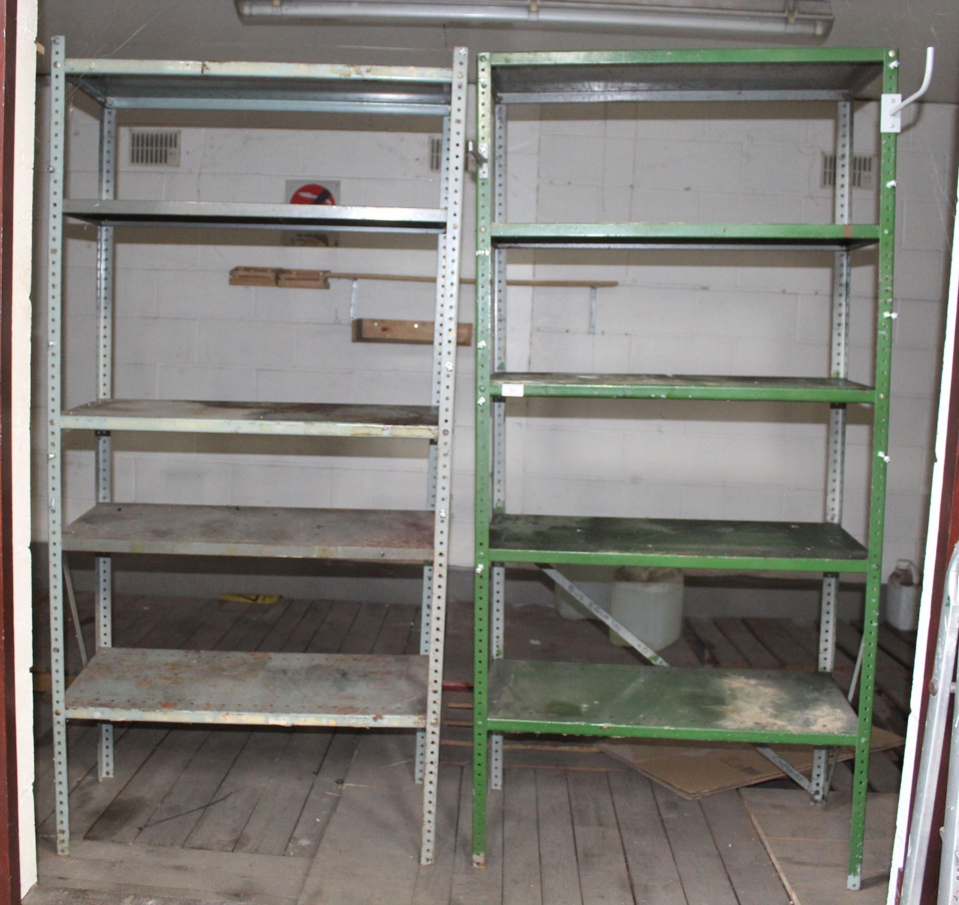 A PAIR OF FIVE TIER METAL WORKSHOP SHELVING UNITS