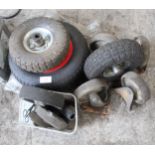 AN ASSORTMENT OF WHEELS TO INCLUDE TWO AS NEW WHEEL BARROW TYRES ETC