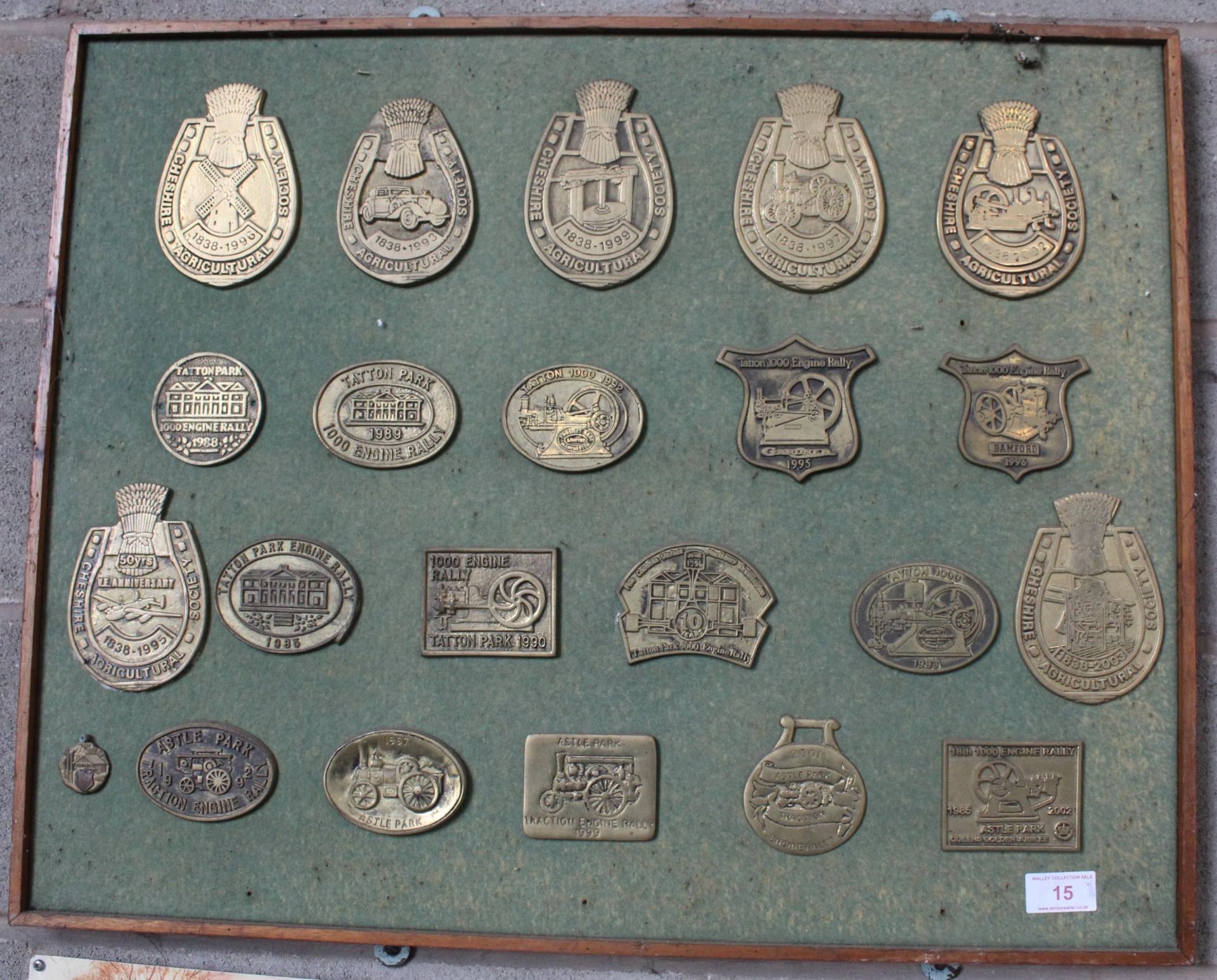 A WOODEN BOARD CONTAINING TWENTY TWO VINTAGE BRASS PLAQUES AND BADGES FROM LOCAL VINTAGE SHOWS TO