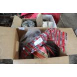 THREE BOXES OF ASSORTED TRACTOR SPARES TO INCLUDE MASSEY FERGUSON, INCLUDING HEAD LAMP, FILTERS