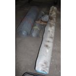 TWO PART ROLLS OF CHICKEN WIRE, A PART ROLL OF BARBWIRE AND A PART ROLL OF PLASTIC SHEETING