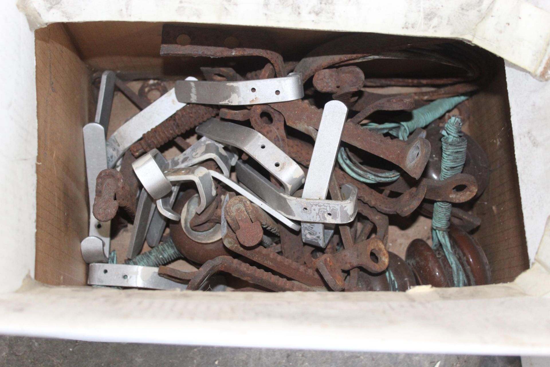 SIX BOXES OF ASSORTED METAL BRACKETS, HINGES AND BOLTS ETC - Image 4 of 6