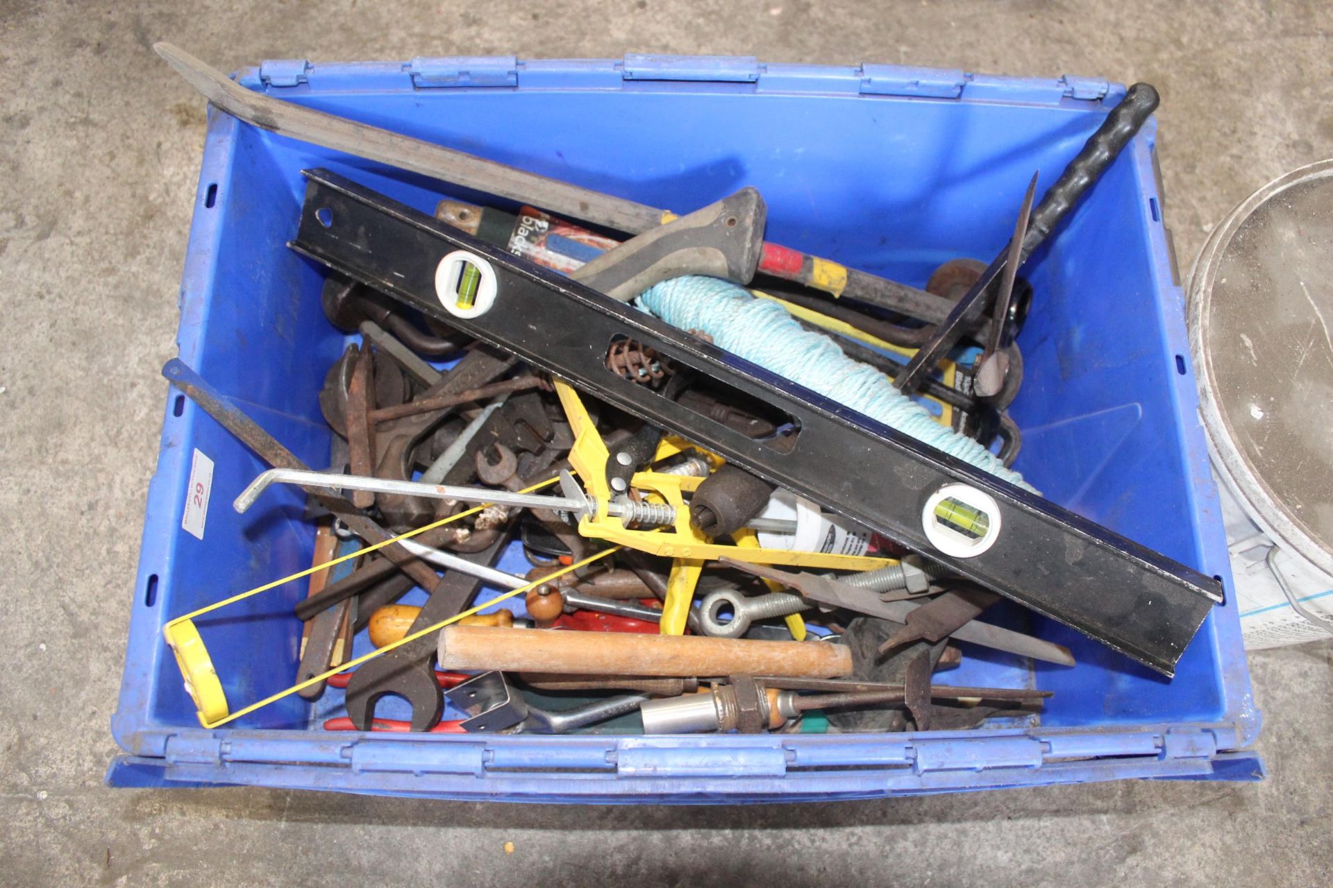 A BOX OF ASSORTED HAND TOOOLS TO INCLUDE A BRACE DRILL, FILES, SPANNERS AND PRISING BARS ETC - Image 2 of 3