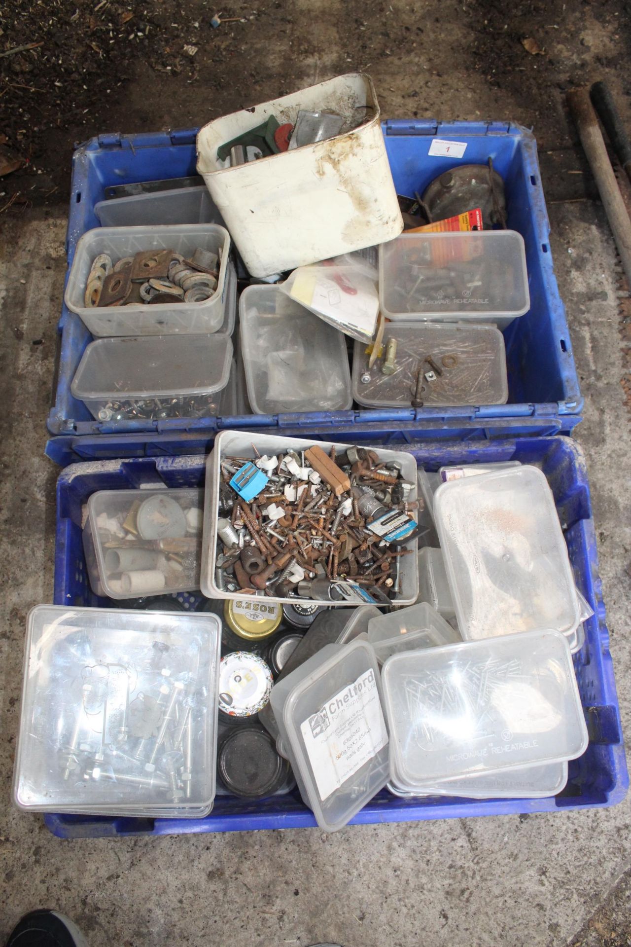 TWO LARGE BOXES OF ASSORTED HARDWARE TO INCLUDE NUTS, BOLTS, NAILS AND SCREWS ETC