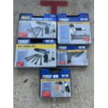 FIVE VARIOUS BOXED POWERCRAFT TOOLS TO INCLUDE TWO AIR CHISEL KITS AND A PNEUMATIC STAPLE GUN ETC NO