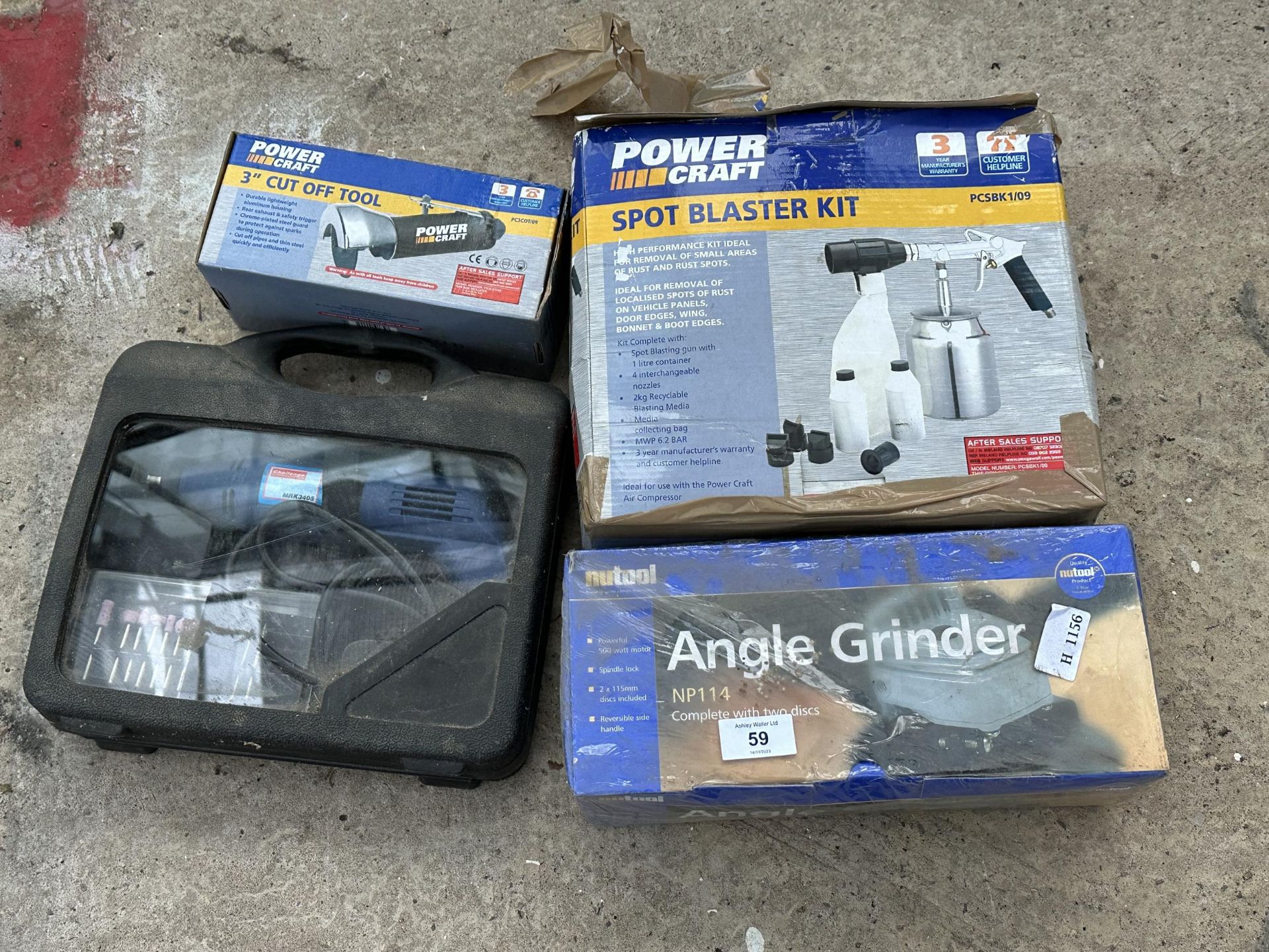 AN ASSORTMENT OF BOXED TOOLS TO INCLUDE A POWER CRAFT SPOT BLASTER KIT, AN ANGLE GRINDER AND A 3"