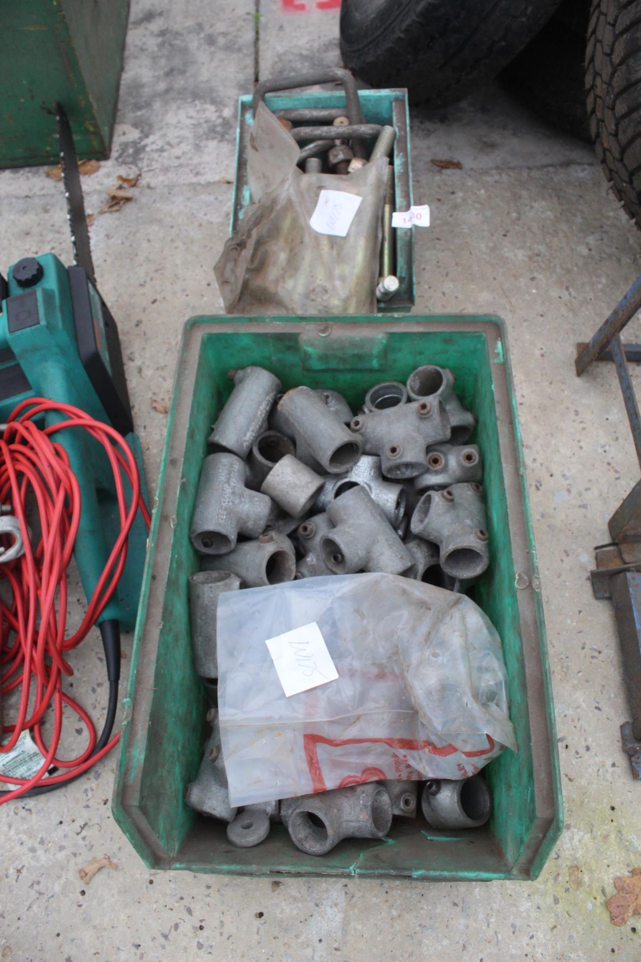 A BOX OF CLAMPS AND ASSORTMENT OF LARGE BOLTS NO VAT