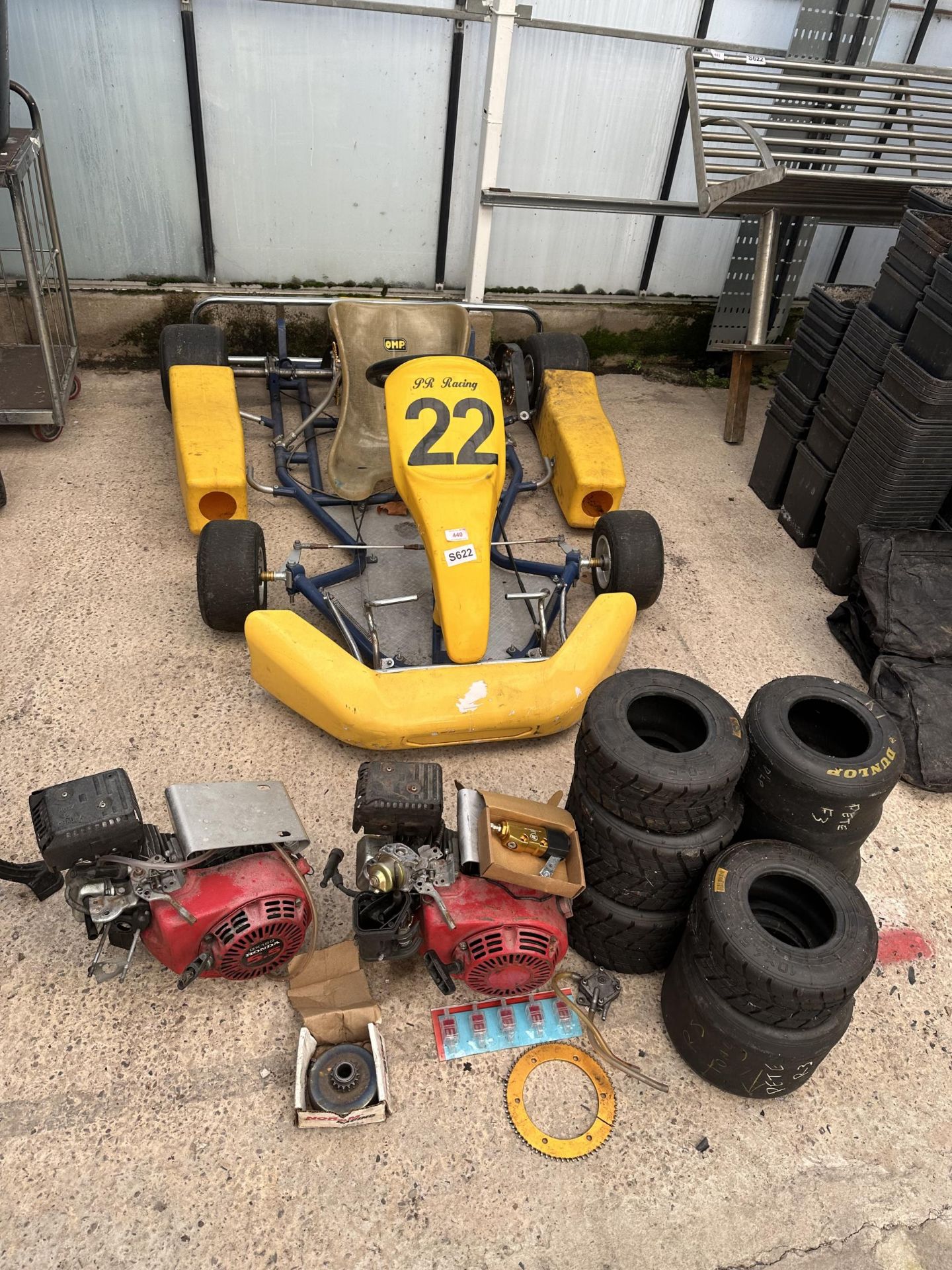 GO KART,2 HONDA ENGINES, SPARE WHEELS ETC. AND TROLLEY NO VAT