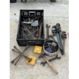 AN ASSORTMENT OF VINTAGE HAND TOOLS TO INCLUDE SPANNERS, HAMMERS AND STILSENS ETC NO VAT