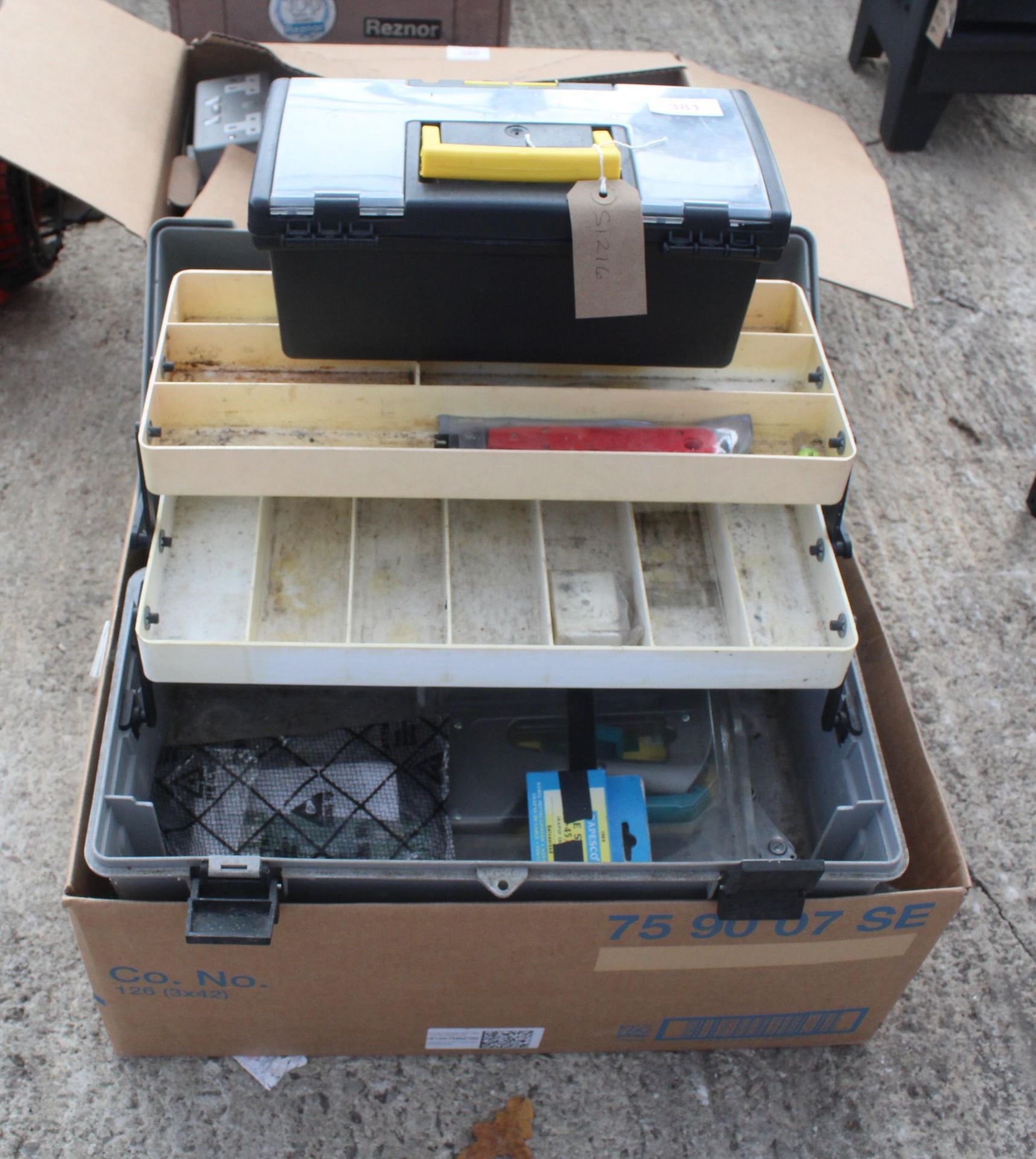 BOX OF COMPUTER CABLES AND 2 TOOLBOXES WITH TOOLS NO VAT
