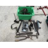 AN ASSORTMENT OF TOOLS TO INCLUDE PLIERS, RASPS AND AN AXE ETC NO VAT