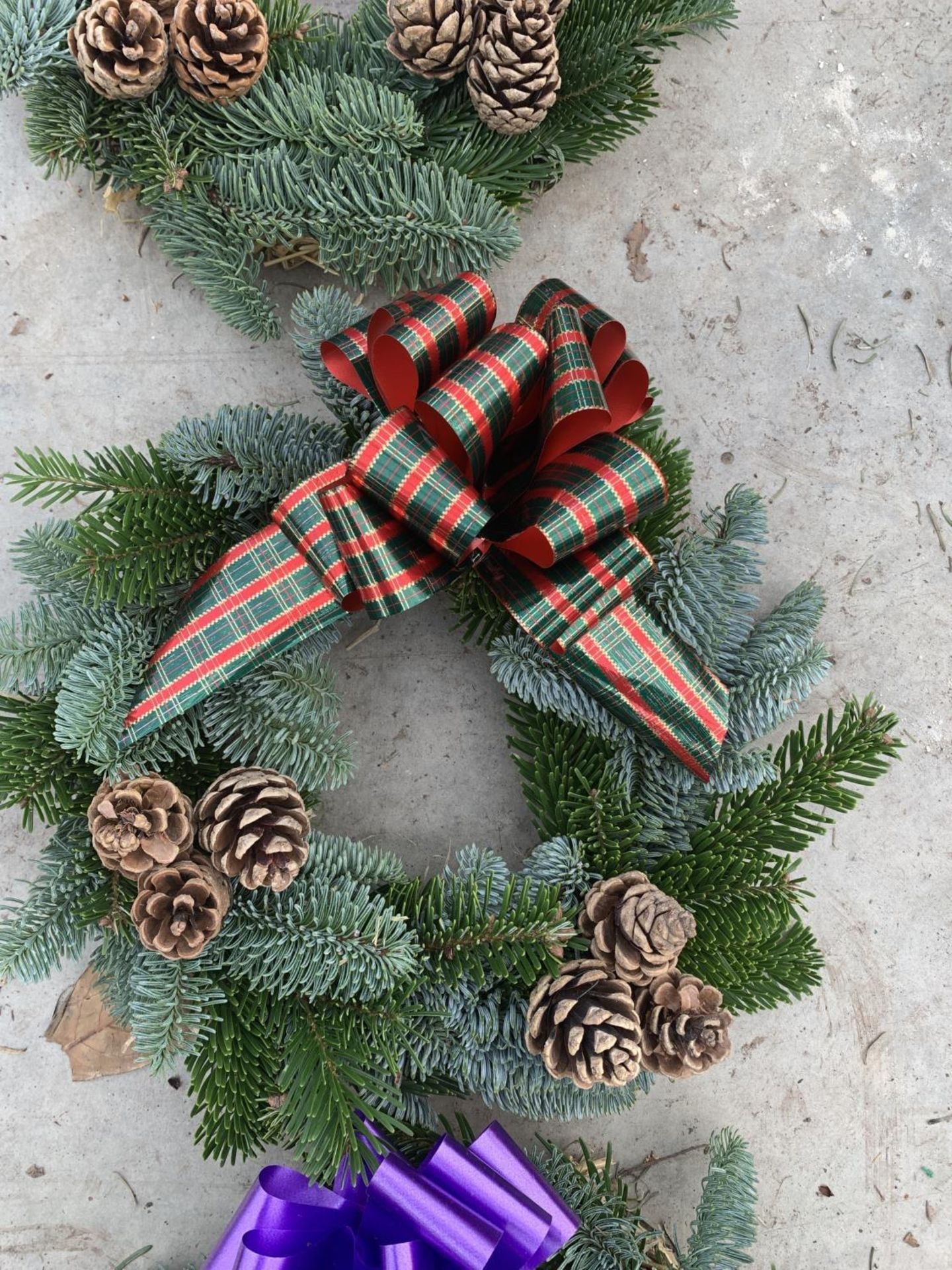 FOUR BOW AND CONE WREATHS WITH VARIOUS COLOURED BOWS + VAT TO BE SOLD FOR THE FOUR - Image 7 of 8