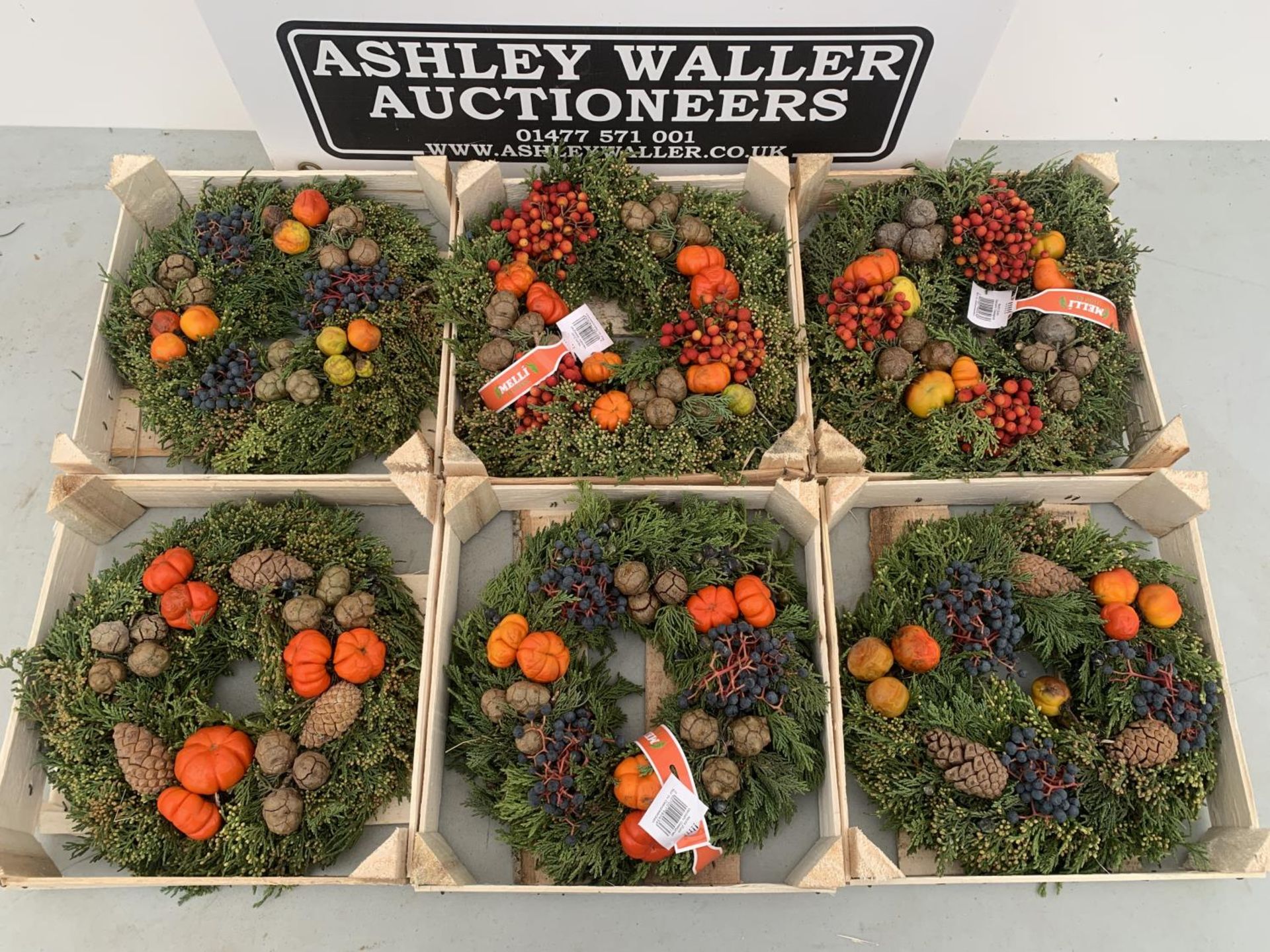 SIX WINTER WREATHS WITH VARIOUS FRUITS AND BERRIES IN A PRESENTATION CRATE + VAT TO BE SOLD FOR - Image 2 of 9