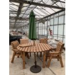 AN AS NEW EX DISPLAY CHARLES TAYLOR CIRCULAR TABLE WITH FOUR CHAIRS WITH LOVE SEAT TABLES, PARASOL