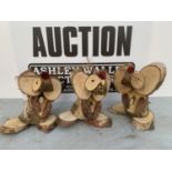 THREE MICE FIGURES MADE FROM LOGS AND CONES + VAT TO BE SOLD FOR THE THREE