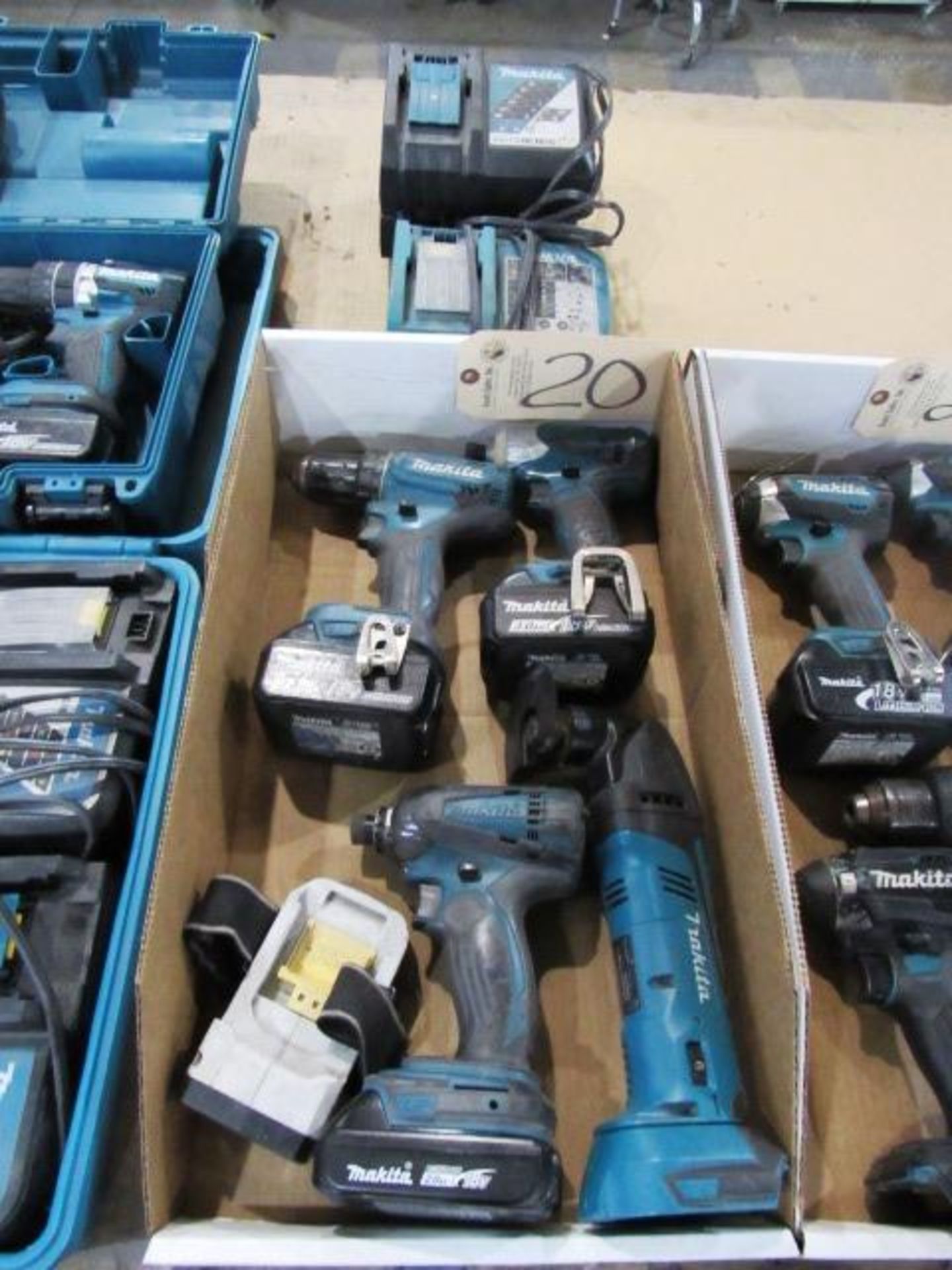 (2) Makita Drills, (2) Drivers, (3) Batteries, (3) Chargers