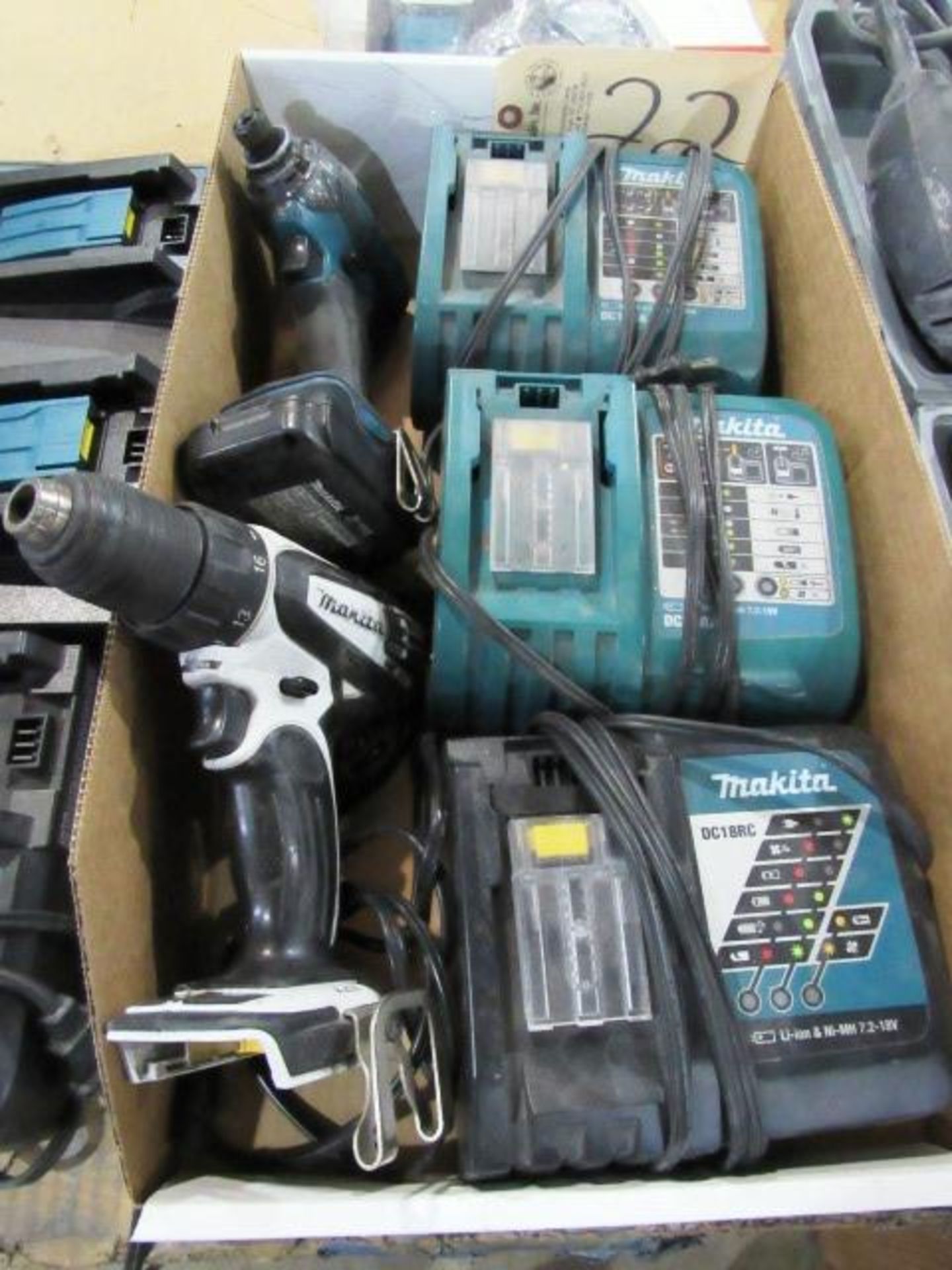 (1) Makita Drill, (1) Driver, (1) Battery, (3) Chargers