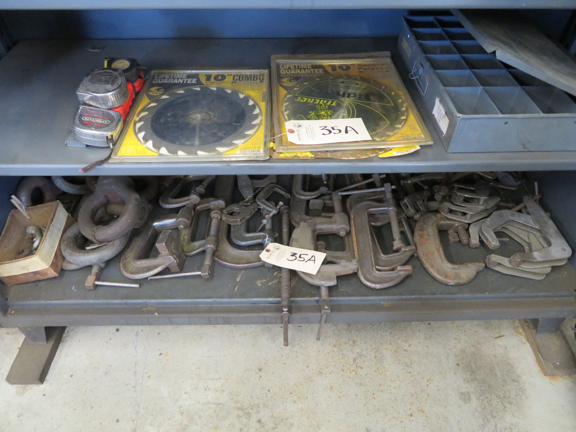 (2) Shelves of Saw Blades, C-Clamps, Set Screws, Tape Measures