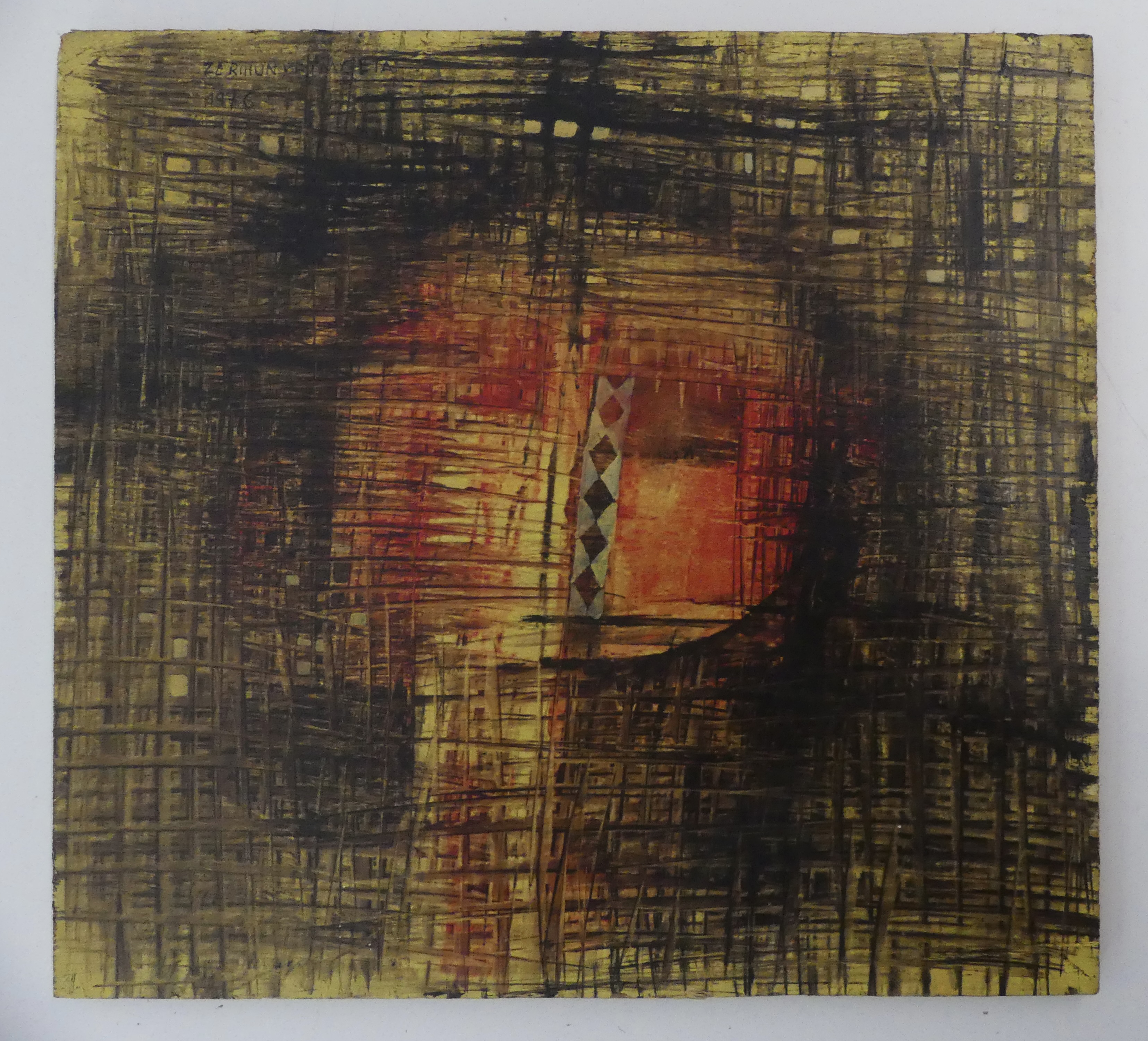 Zerihun YETMGETA (1941) Visage jaune, huile sur panneau, signé et daté 1976 (41x44cm)