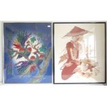 Asie: 2 peintures sur soie encadrées (87x75cm)