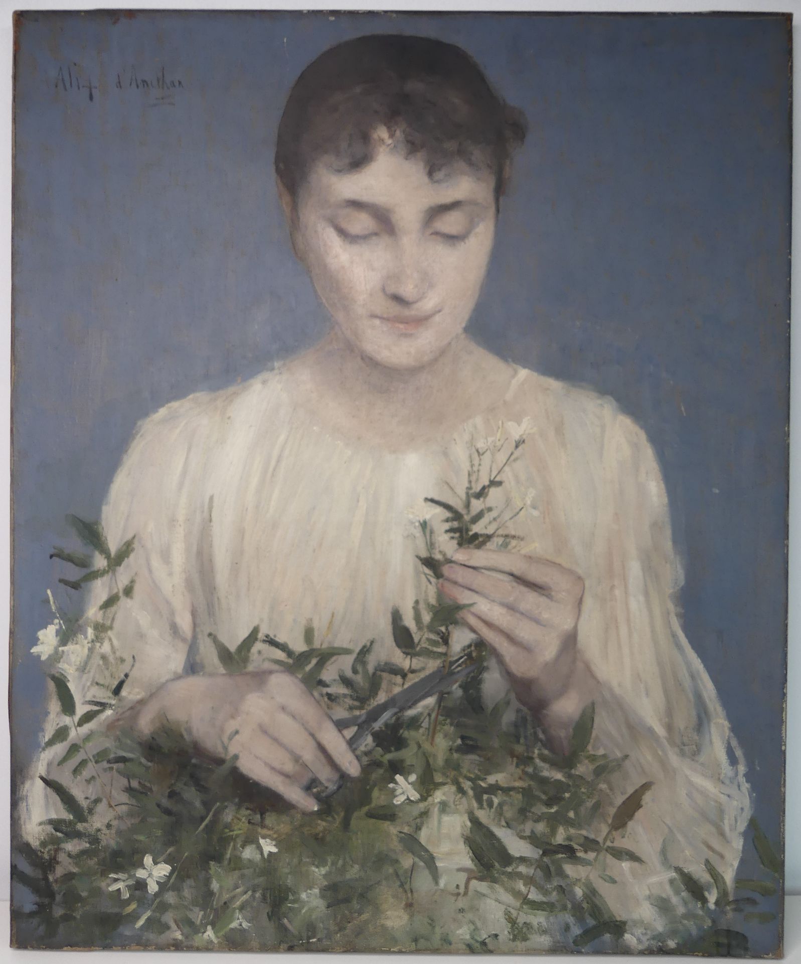 Alix D'ANETHAN (1848-1921) Jeune femme au jasmin, huile sur toile (54x66cm) grande délicatesse