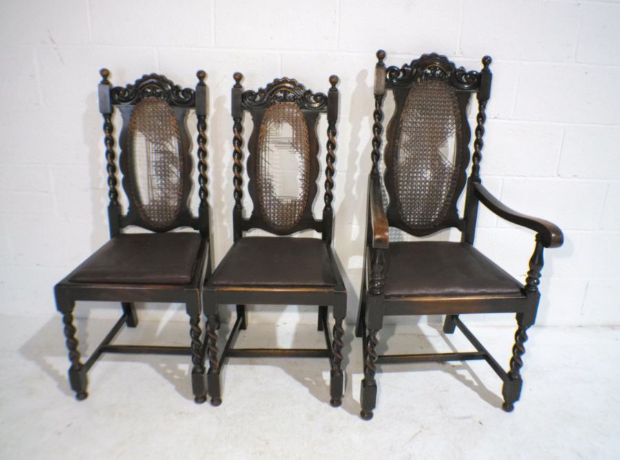 A set of six oak dining chairs with barley-twist legs and cane backs including two carvers - three - Image 4 of 5