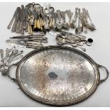 A collection of silver plated cutlery including some American flatware on silver plated tray