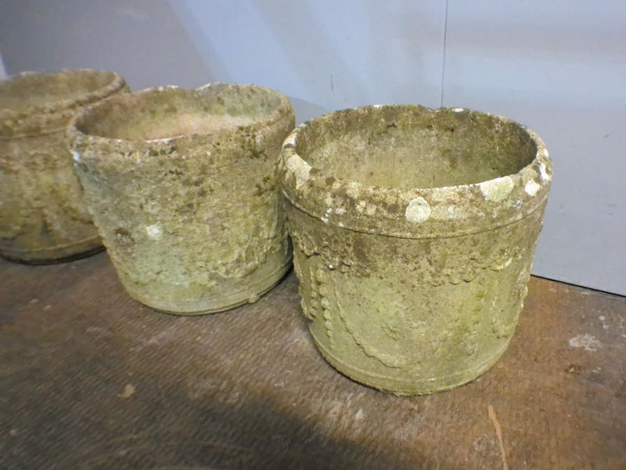 Three reconstituted stone weathered garden pots, A/F, diameter 36cm, height 32cm. - Image 3 of 5