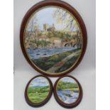 Three framed oil paintings on board by artist Gerald Hodgson, all entitled on rear including "Castle