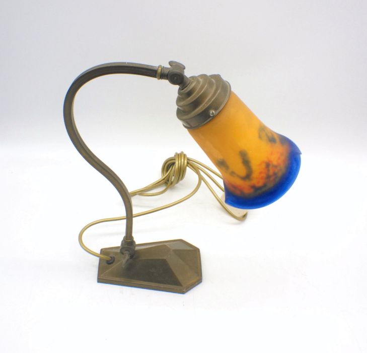 An Art Nouveau style brass lamp with decorative glass shade. - Image 2 of 3