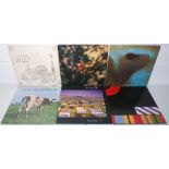 Six 12" vinyl records by Pink Floyd, including 'Meddle' with textured sleeve, 'Obscured By Clouds'