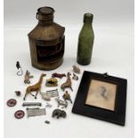 A collection of items including lead animals, antique glass bottle named to "J Kerswell, Exeter",