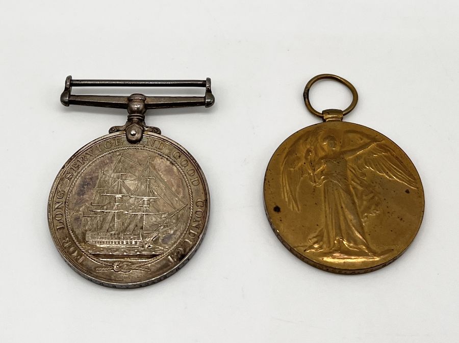 Two WWI medals- A Royal Navy Long Service and Good Conduct medal awarded to J61014 L H Boyce, Able