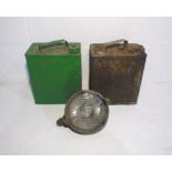 Two vintage metal fuel cans along with a 'Simms' car light.