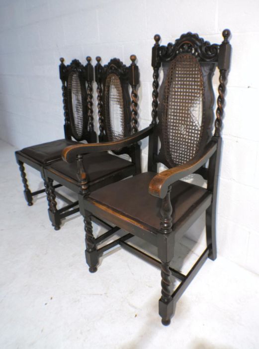 A set of six oak dining chairs with barley-twist legs and cane backs including two carvers - three - Image 5 of 5