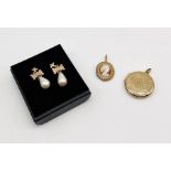 A 9ct gold locket along with a 9ct gold cameo pendant and pair of gold earrings