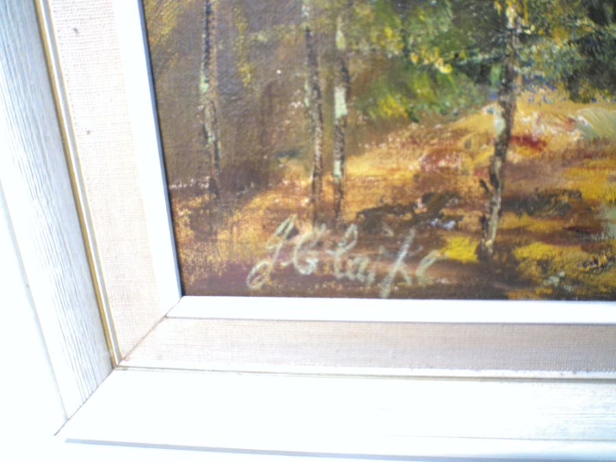 Two framed oil paintings on board depicting landscape scenes, signed 'J. Clarke'. - Image 3 of 6