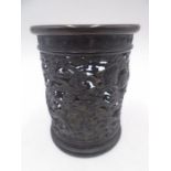 A 19th Century Oriental pierced bronze cylindrical pot decorated with three toed dragons and Greek