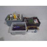 A large collection of model railway accessories including buildings, tunnels, signals, scenery,