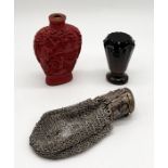 An antique glass seal, cinnabar scent bottle (no lid) along with a coin purse