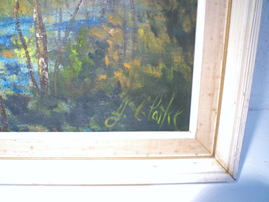 Two framed oil paintings on board depicting landscape scenes, signed 'J. Clarke'. - Image 5 of 6